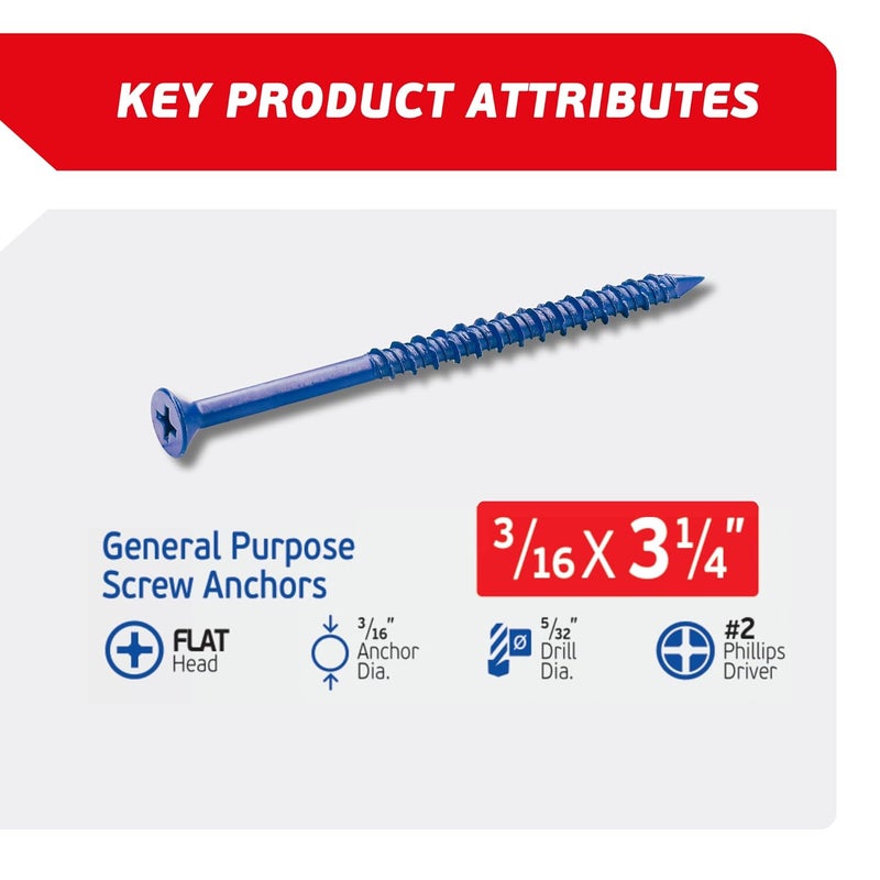 FixMaster 3/16 x 3-1/4" Countersunk Phillips Flat Head Blue Concrete Screw Anchors (100 pcs Screw Kit) with one Screwdriver and Drill Bit for Concrete, Masonry, Block, Brick and Wood Fastening - Image 2